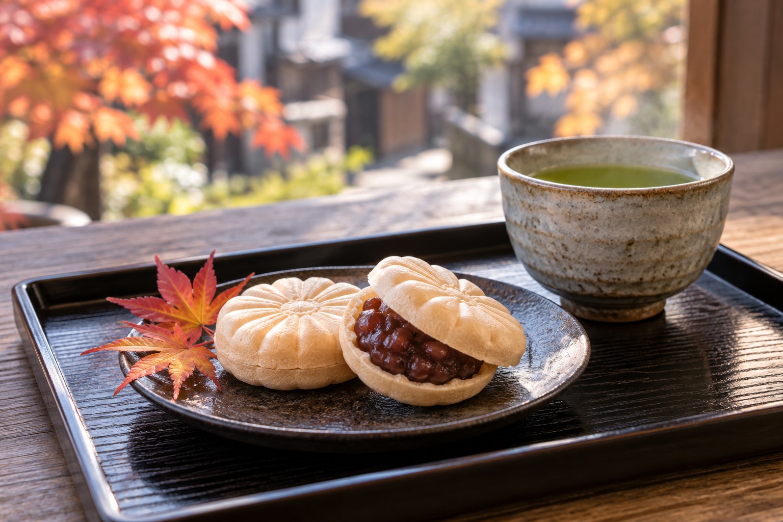 Two delicate monaka wafer sweets on a dark tray with green tea