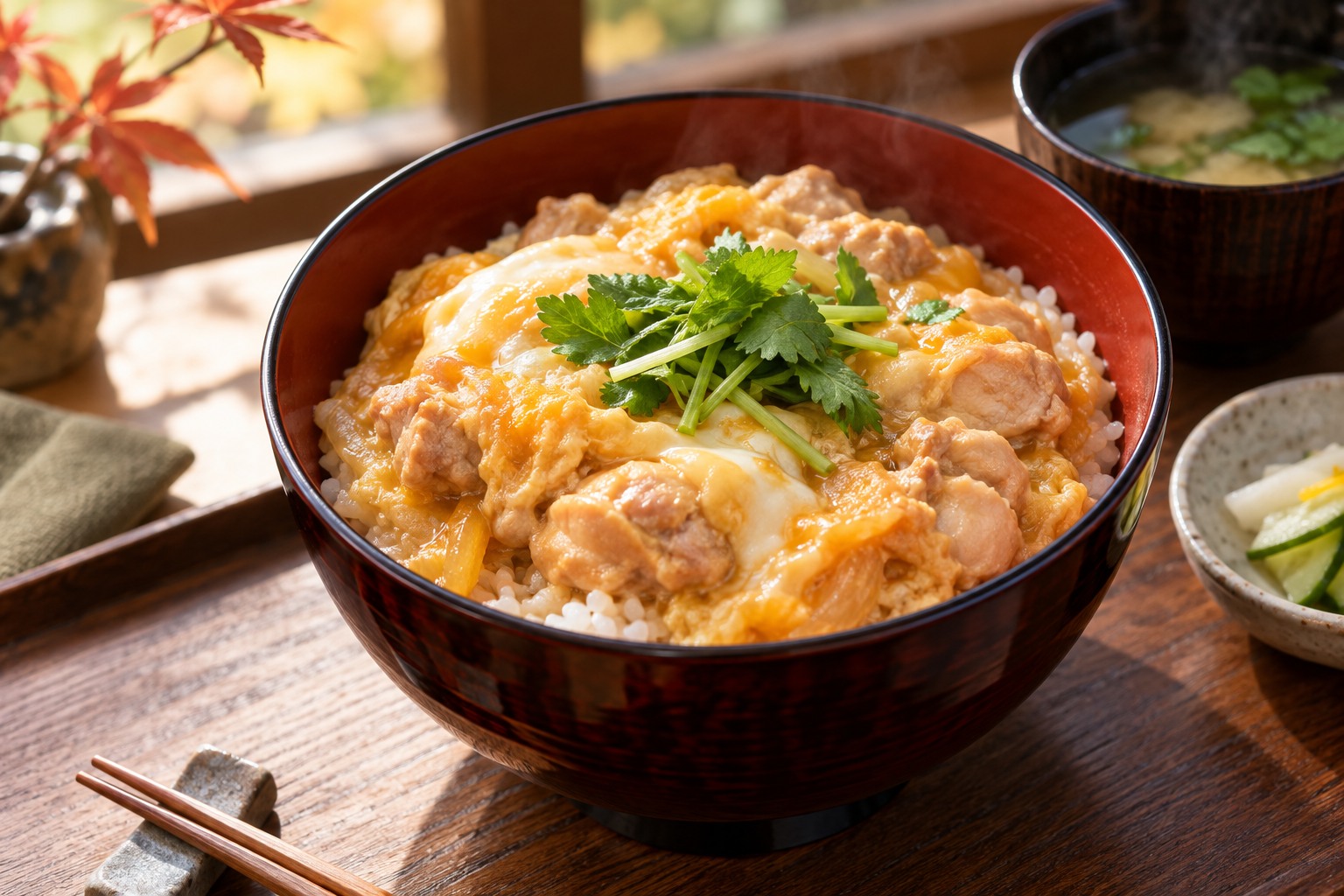 Oyakodon chicken and soft cooked egg over rice in lacquer bowl with green garnish
