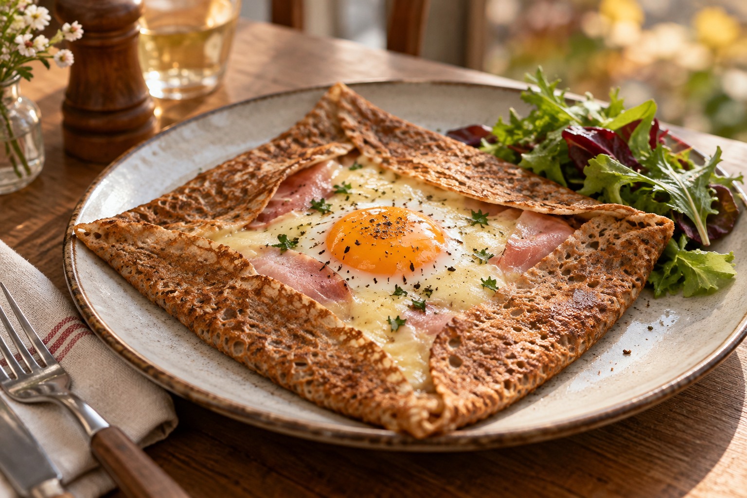 Square folded buckwheat galette with ham cheese and a sunny-side cooked egg at center