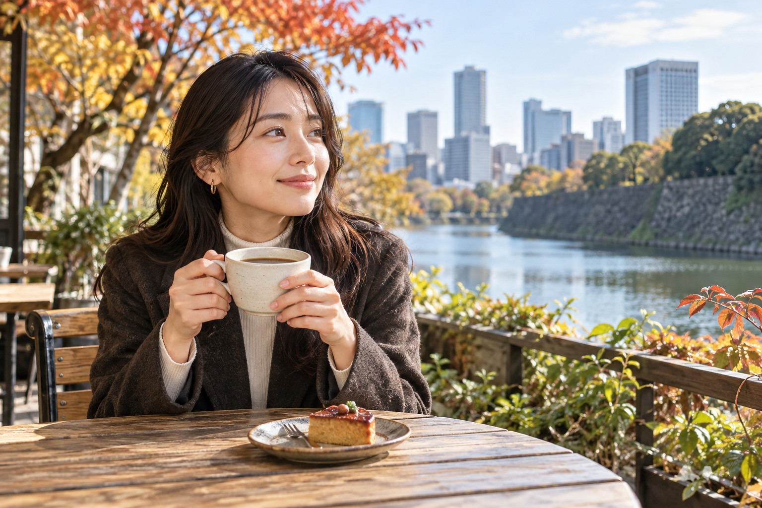 Cup of black coffee and small cake at an outdoor wooden cafe table beside urban Tokyo moat