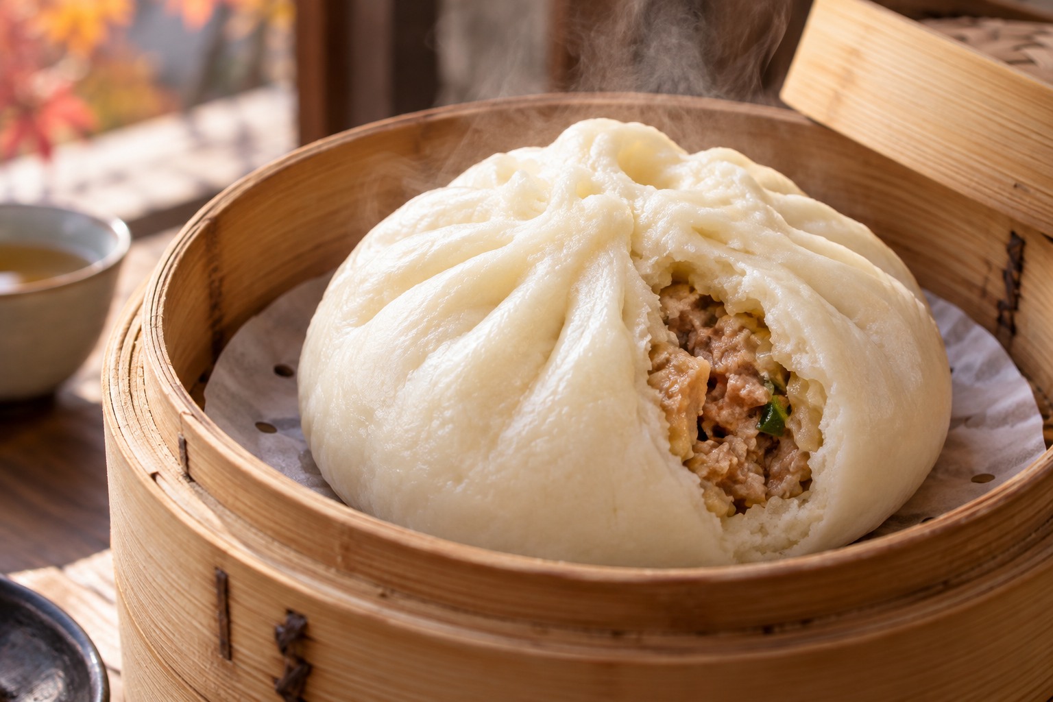 Large white steamed pork bun on parchment in a bamboo steamer, small tear shows filling
