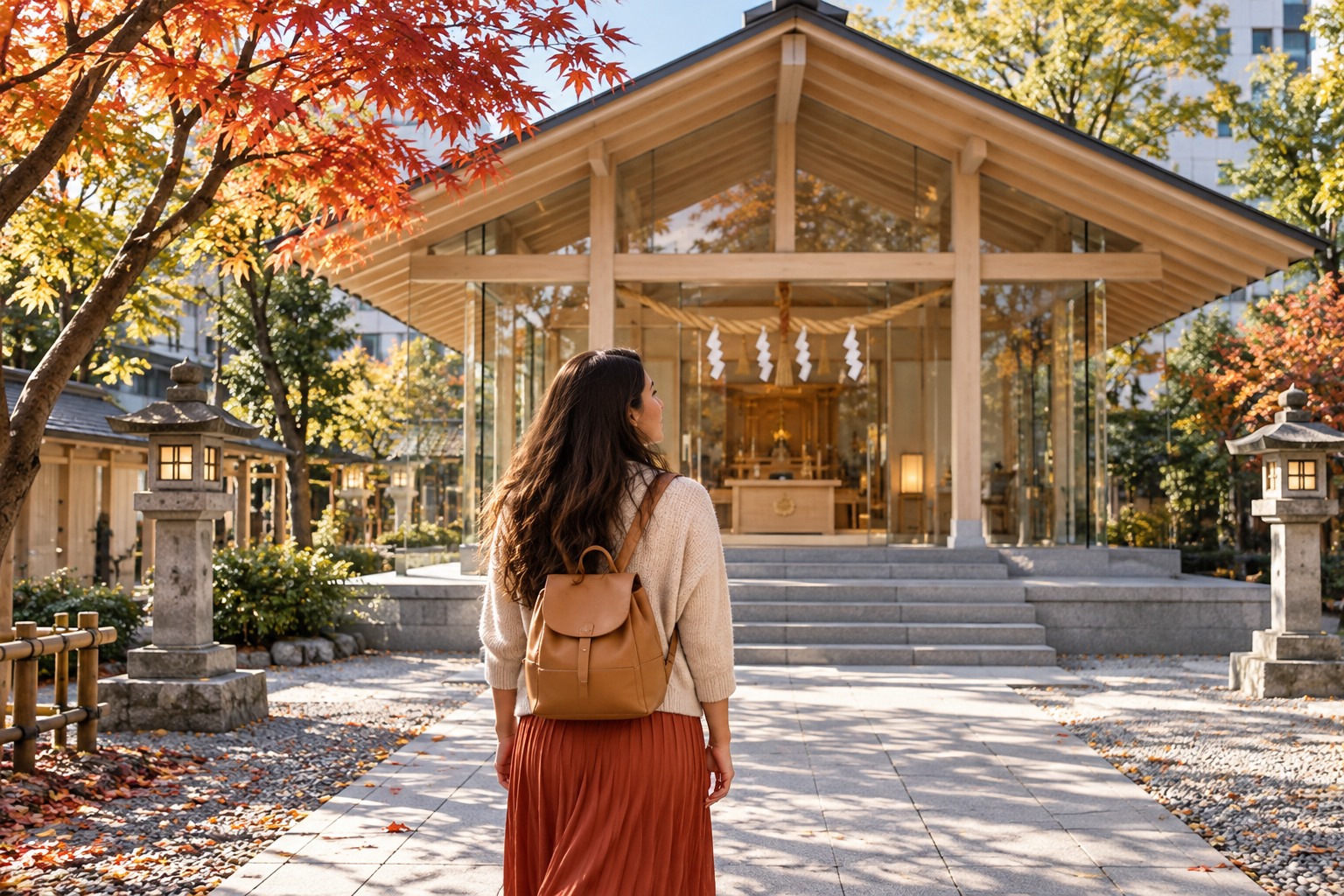 Contemporary Japanese shrine in pale timber and glass with broad courtyard, a solo Latina visitor from behind