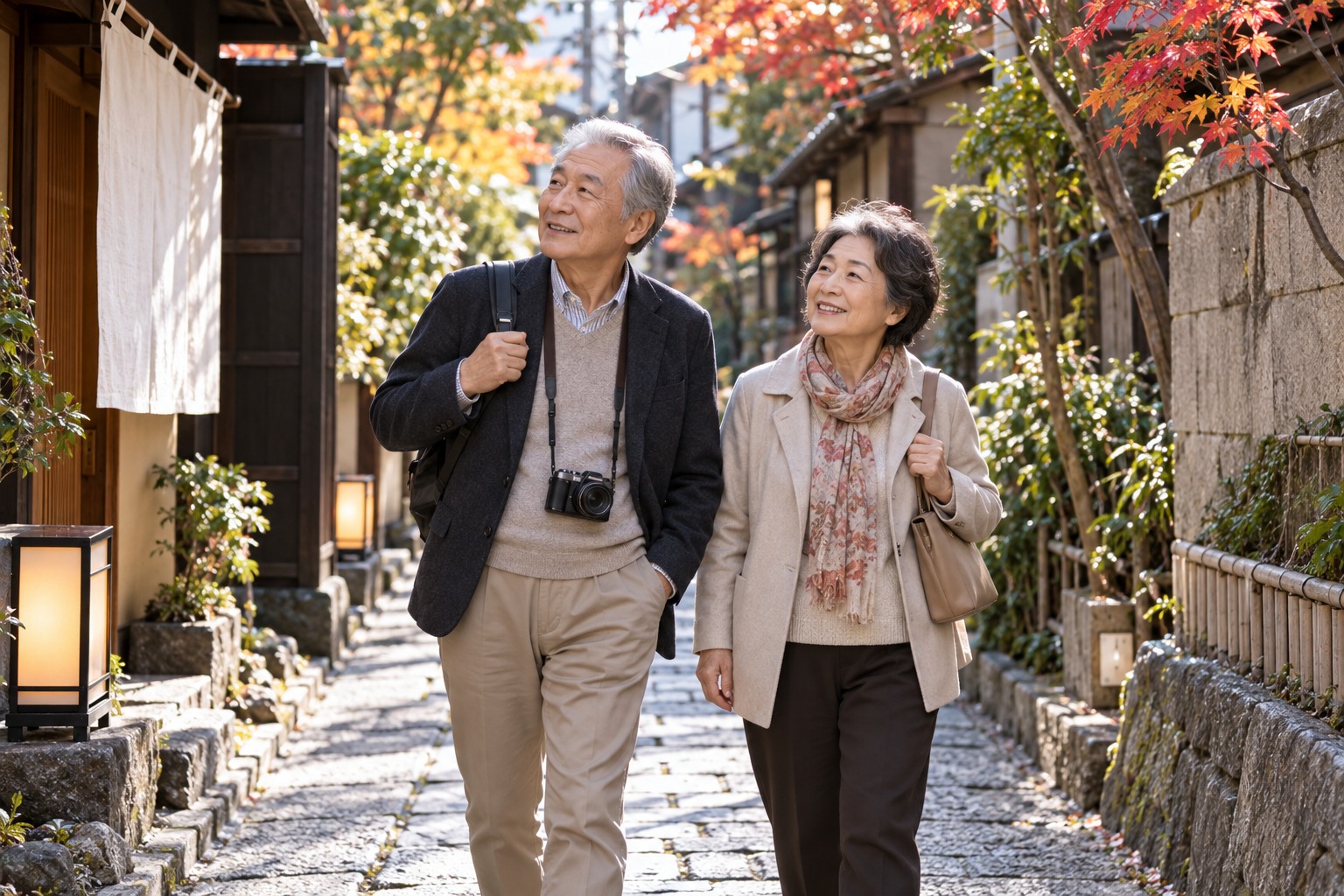 Traditional Tokyo stone restaurant lane, elderly East Asian tourist couple strolling