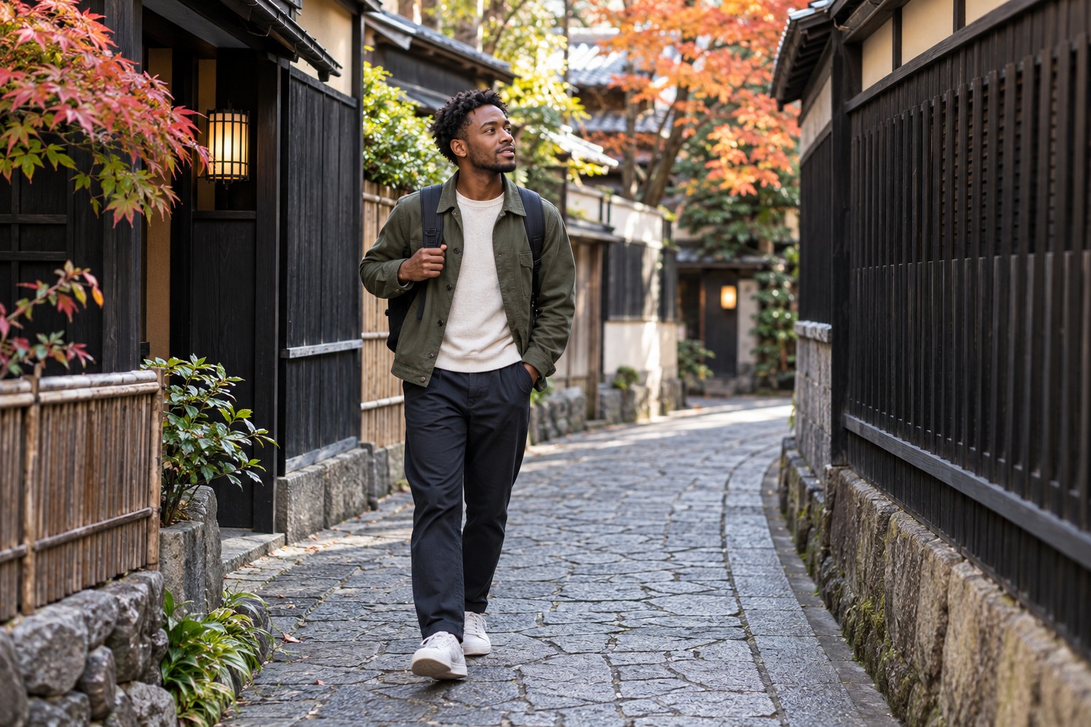 Narrow stone-paved Japanese alley bend lined with black timber walls, young Black man travelling alone