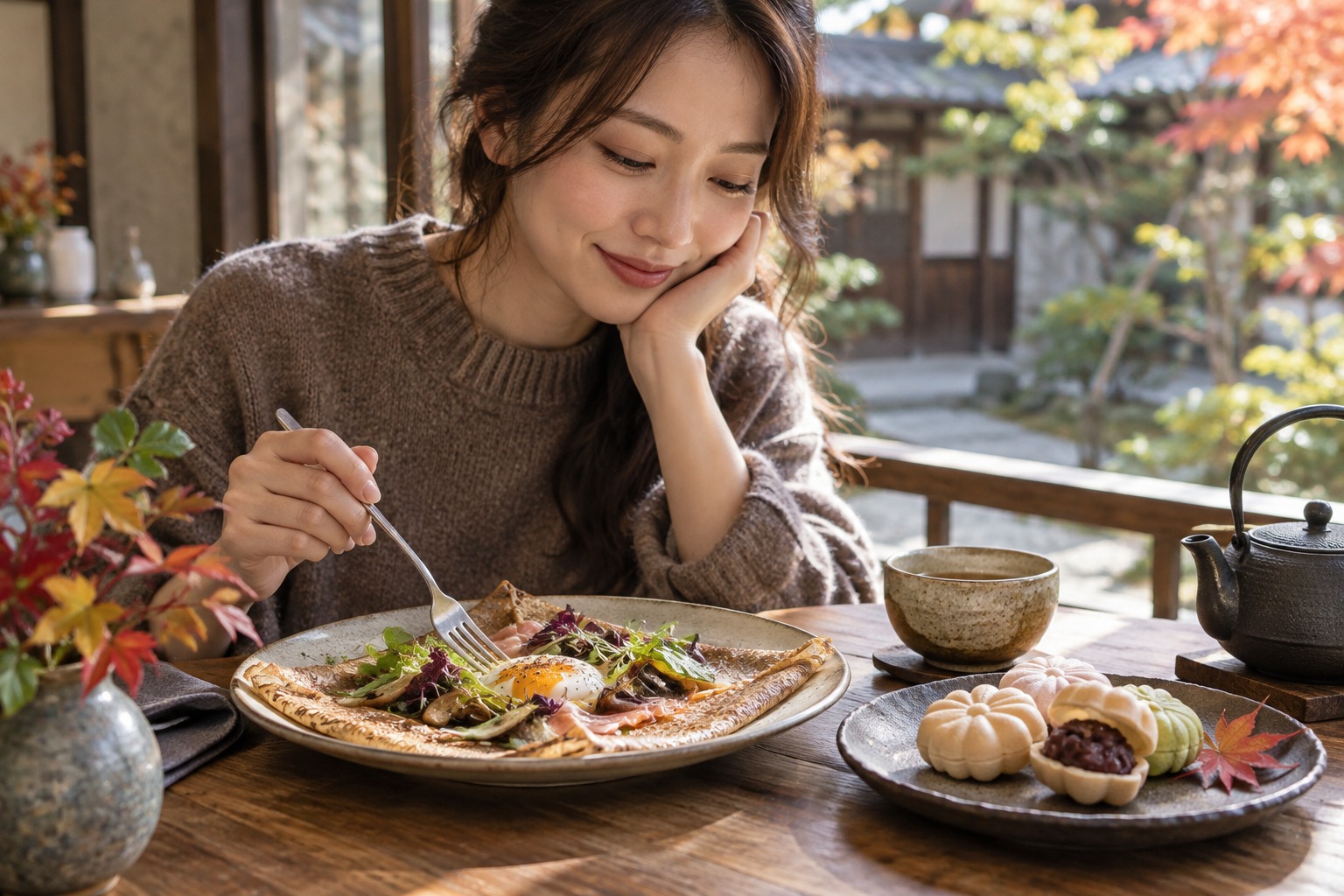 A buckwheat galette and delicate Japanese monaka wafer sweets on an elegant cafe table