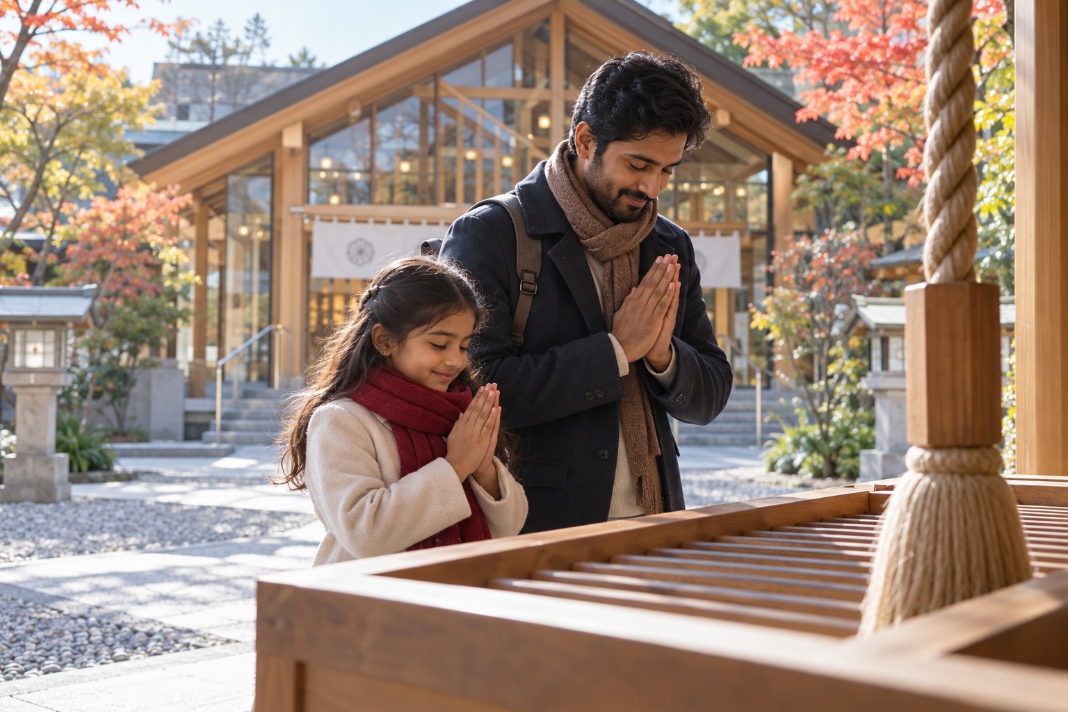 A South Asian father and daughter respectfully visiting a contemporary timber and glass Shinto shrine courtyard