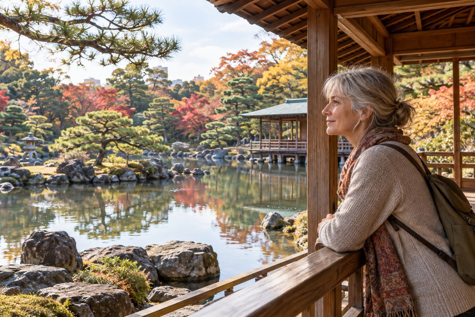 Peaceful Japanese pond garden with rocks, pine trees and pond-side timber pavilion, older white woman traveller looking out