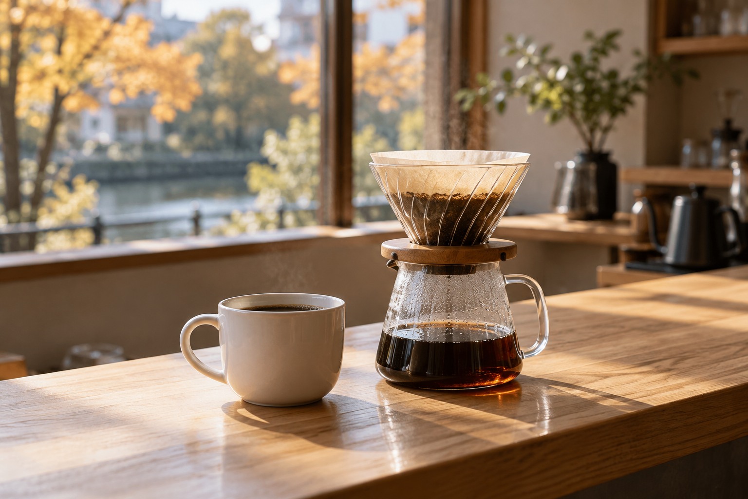 One plain white coffee cup and a manual pour-over dripper on pale wood specialty cafe counter