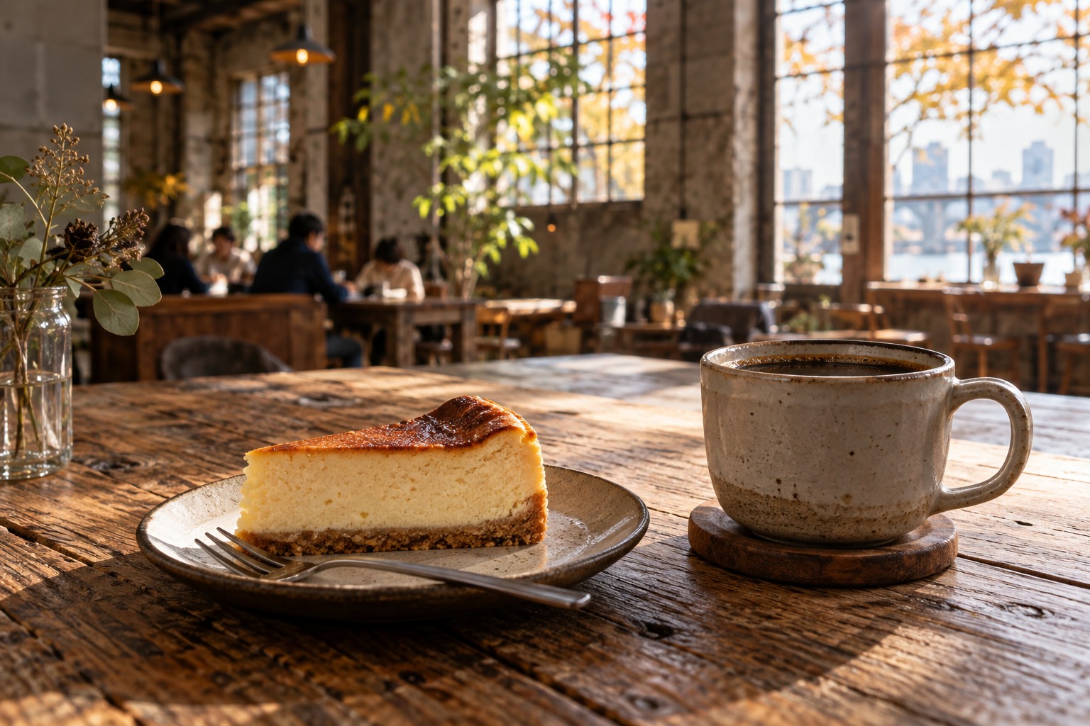 Slice of cheesecake and blended black coffee on weathered wood table in warehouse cafe