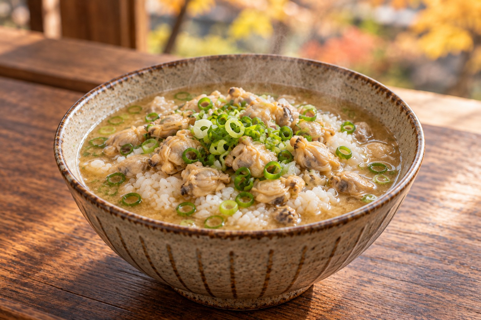Japanese rice bowl with small shelled clams in miso broth and sliced green onion