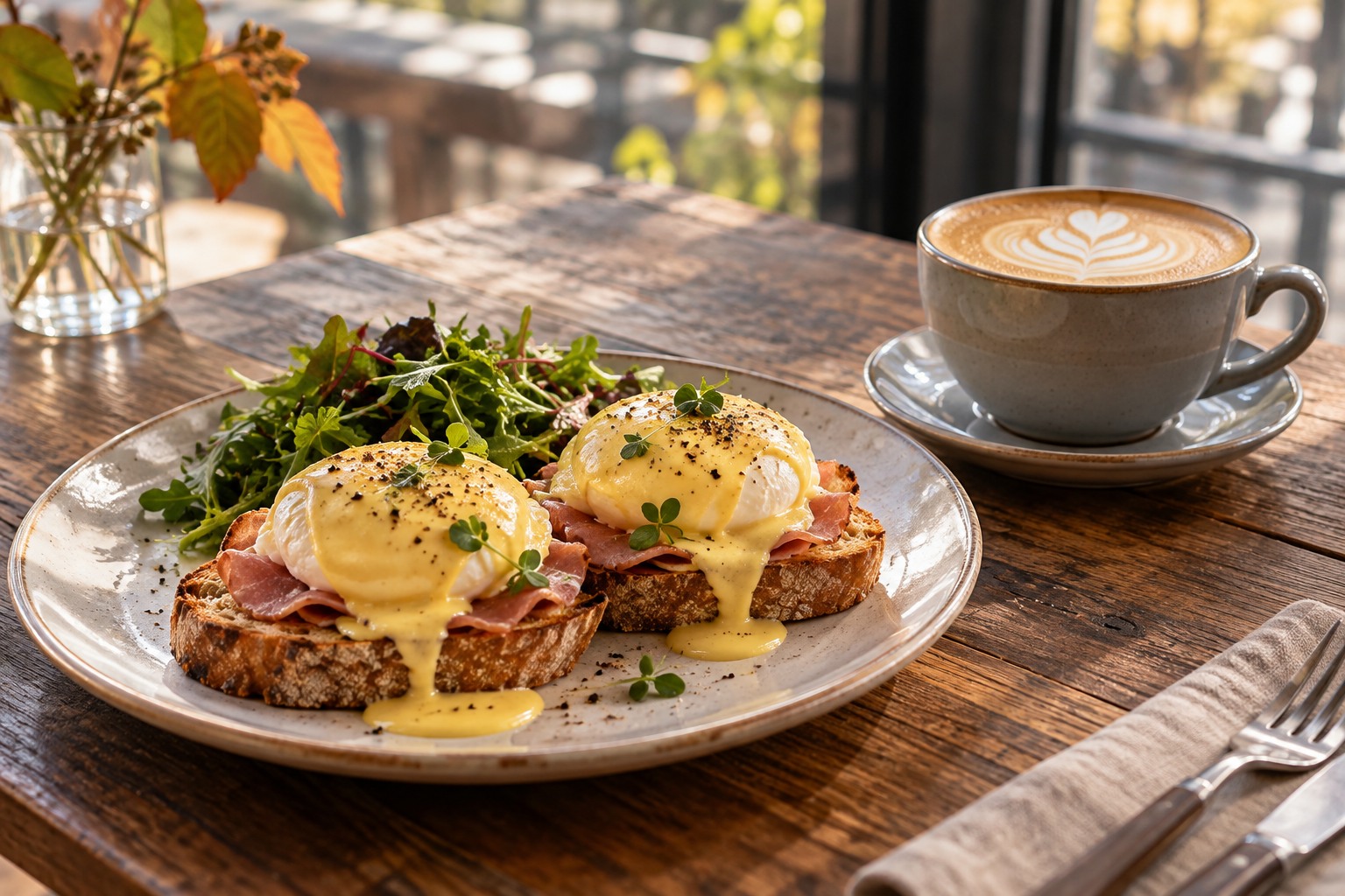 Eggs Benedict with cooked poached eggs and hollandaise on toast beside flat white coffee