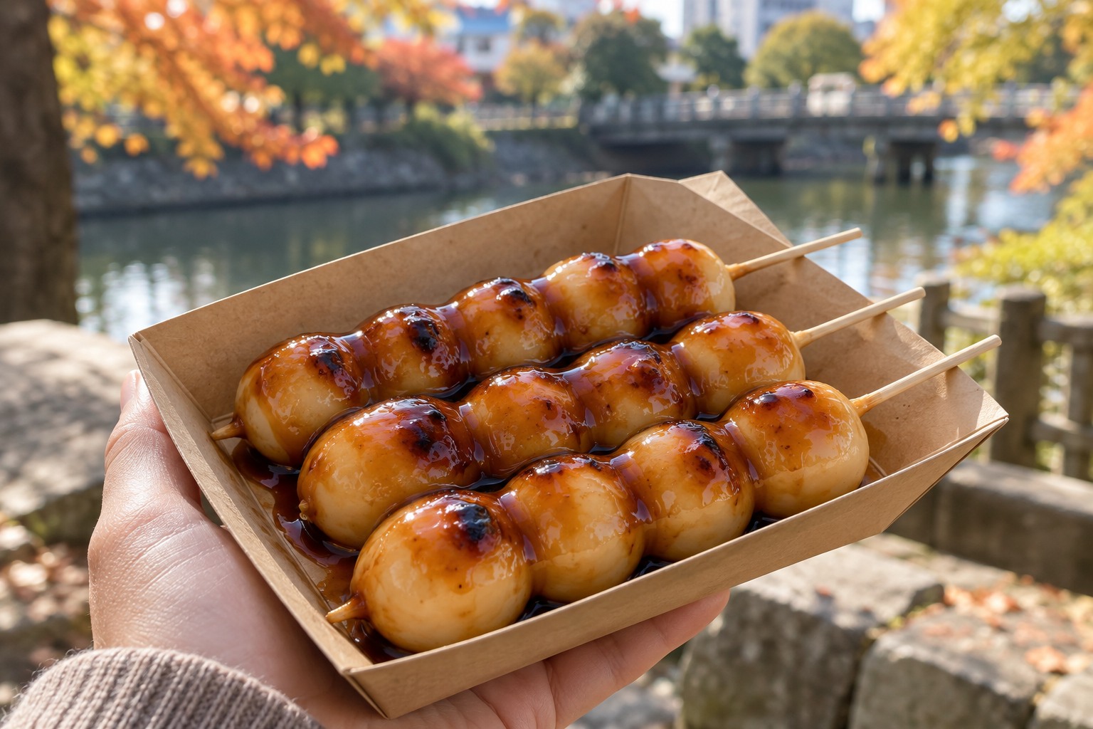 Three glossy mitarashi dango rice dumpling skewers in paper takeaway tray