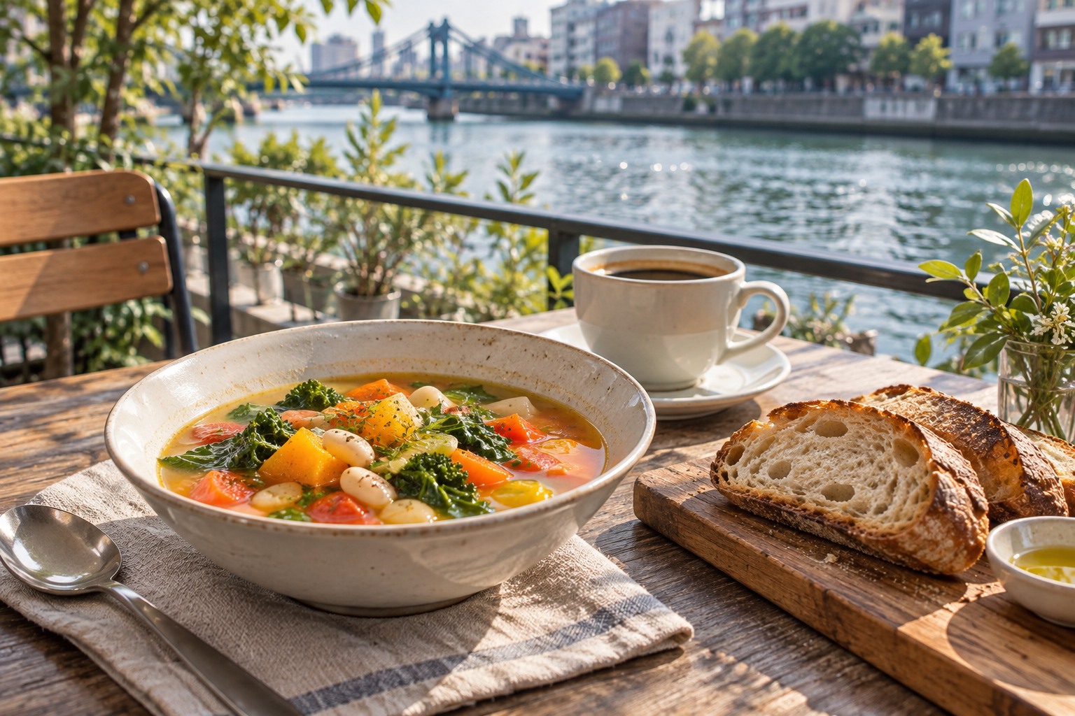 A bowl of colorful vegetable soup beside artisan bread and a cup of coffee on a riverside cafe table