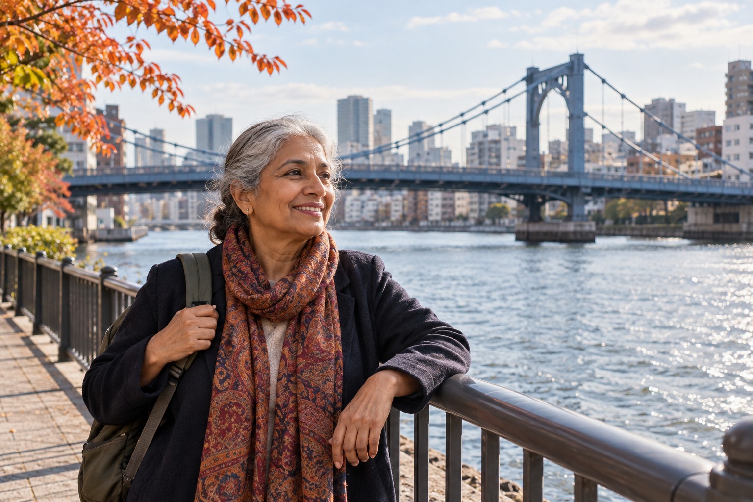 Blue-gray steel suspension bridge over wide Tokyo river with railings and riverside promenade, older South Asian woman traveller