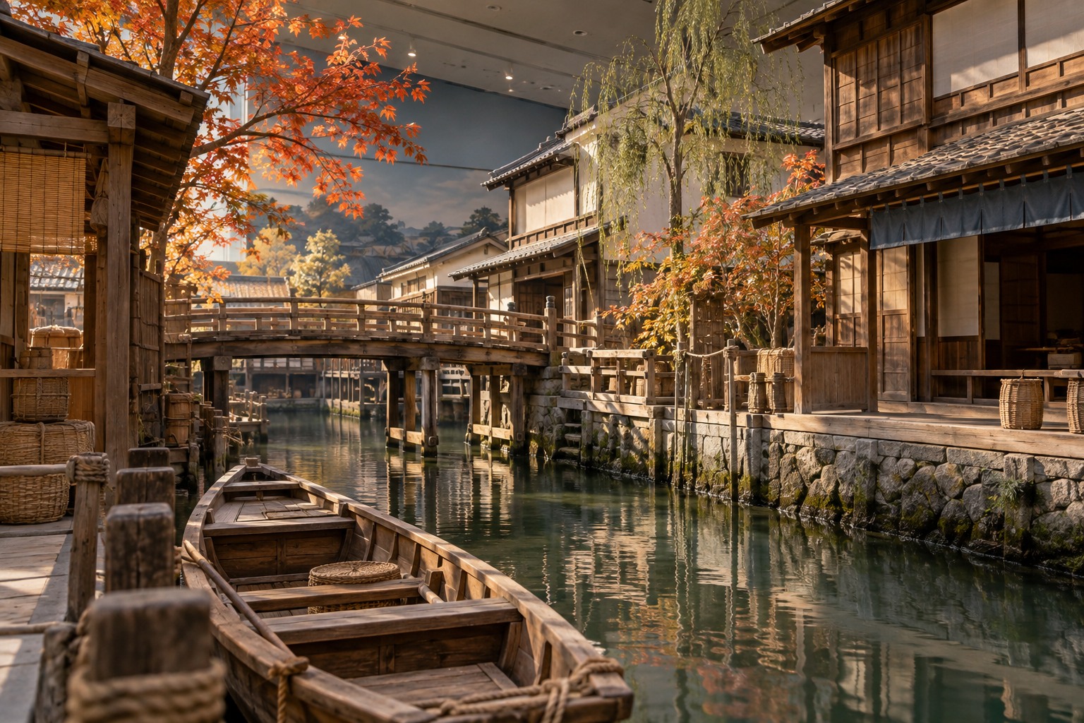 Life-size Edo-era wooden neighborhood reconstruction indoors in museum hall, small boat, no modern people