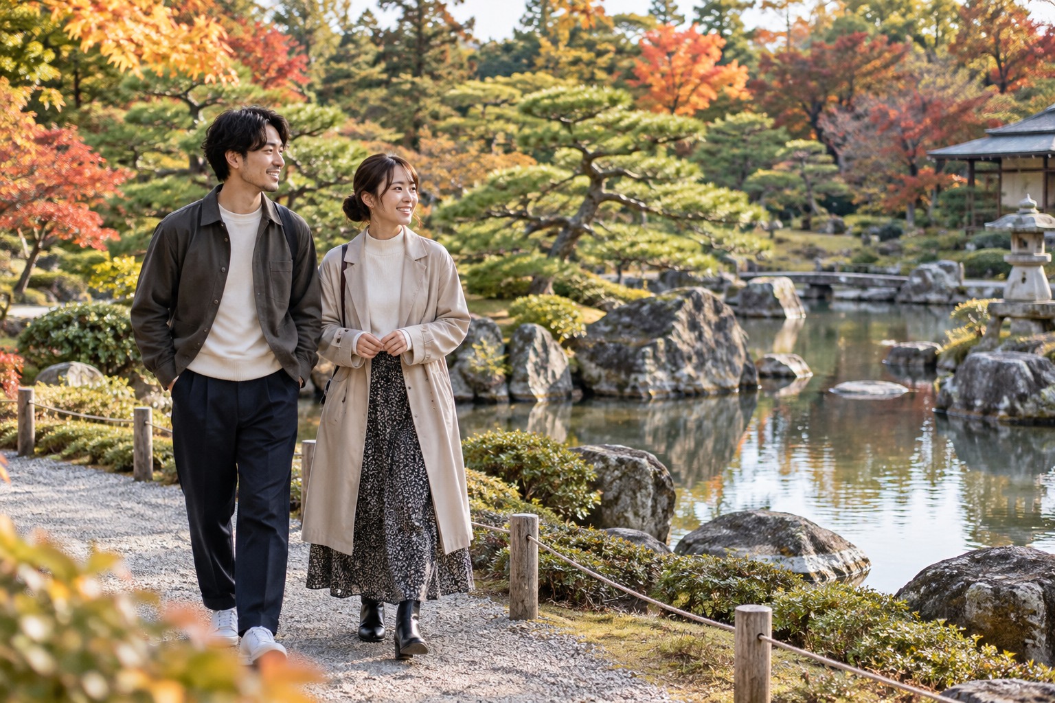 Japanese strolling garden pond with large stones and pruned pines, safe gravel path in foreground