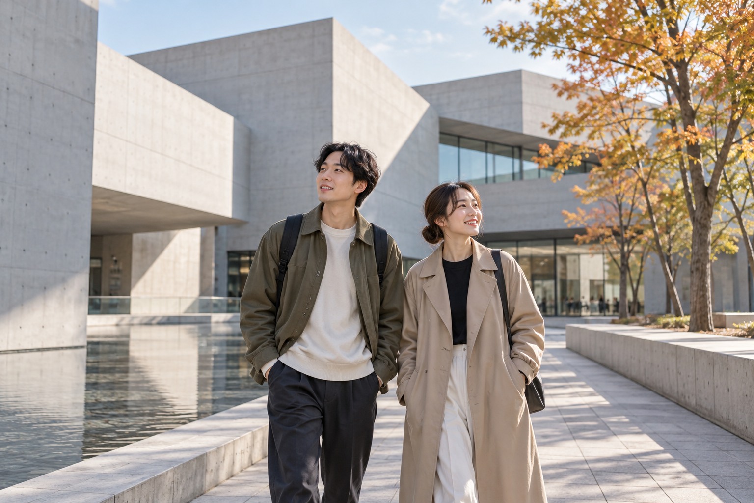 Pale concrete geometric contemporary art museum exterior, East Asian tourist couple walking, no actual artworks