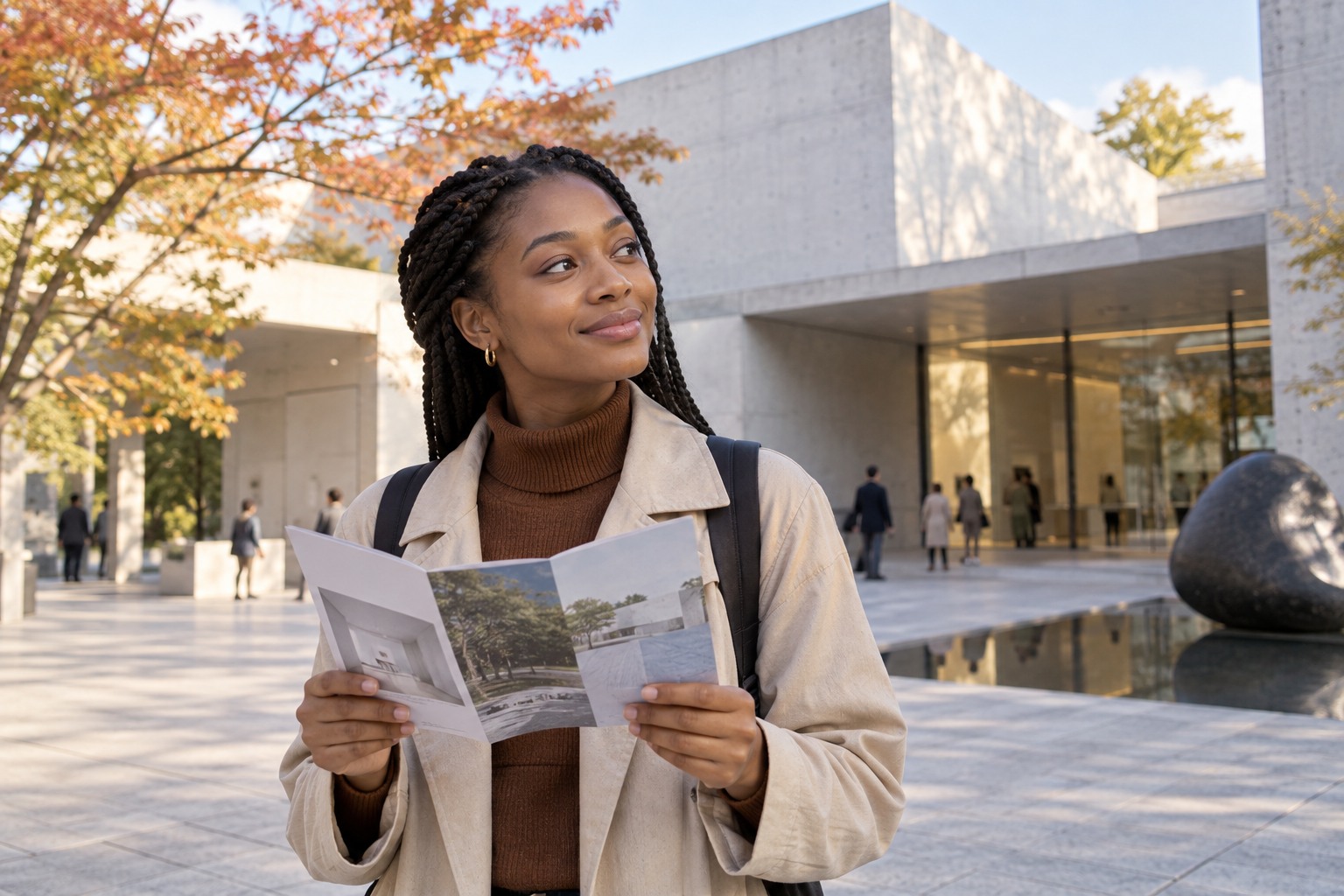 Young Black woman traveller with brochure at pale concrete contemporary Tokyo art museum forecourt