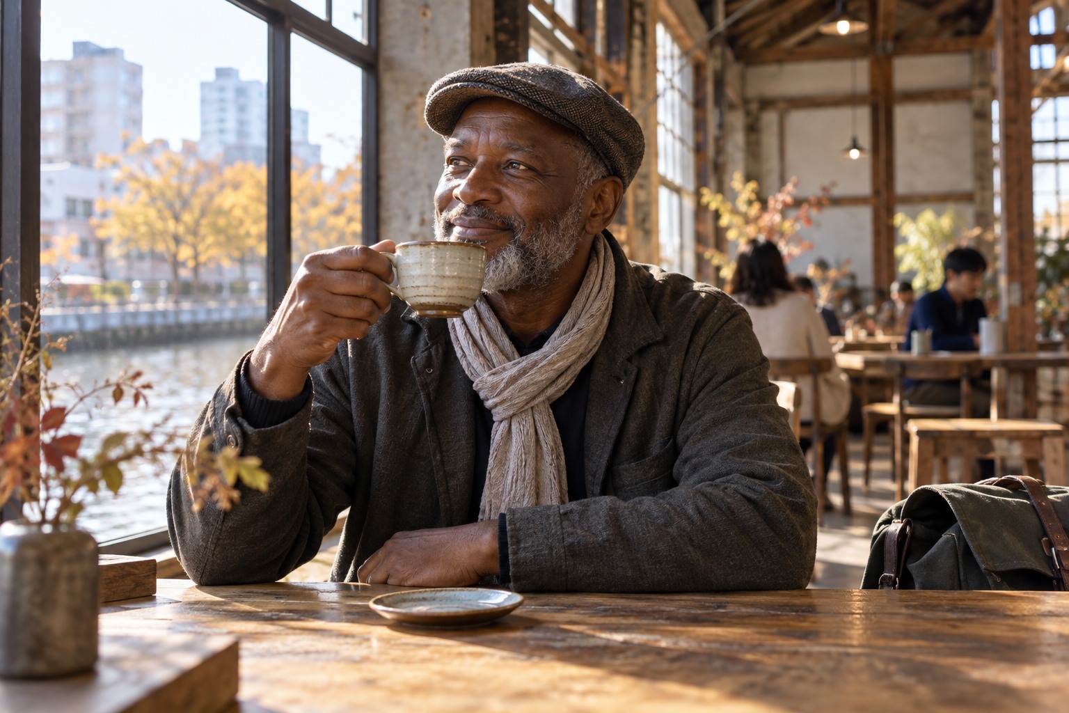 Older dark-skinned man traveller in renovated Japanese warehouse cafe lifts a ceramic coffee cup