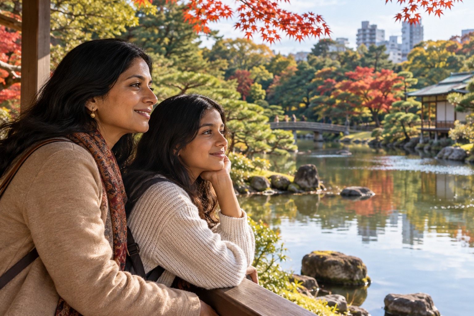South Asian mother and teen daughter look across a landscaped Japanese garden pond