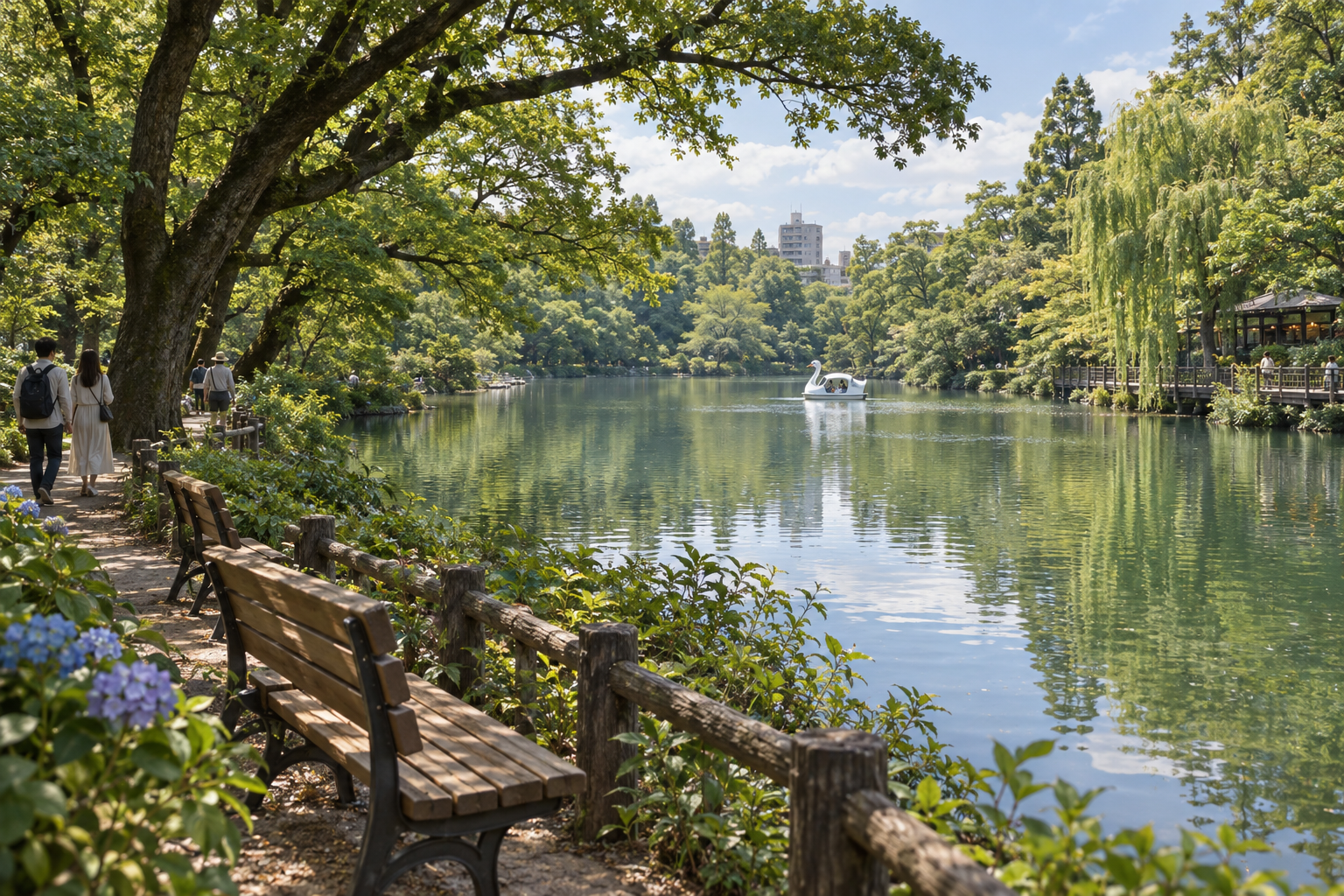 Illustrated leafy pond and paths