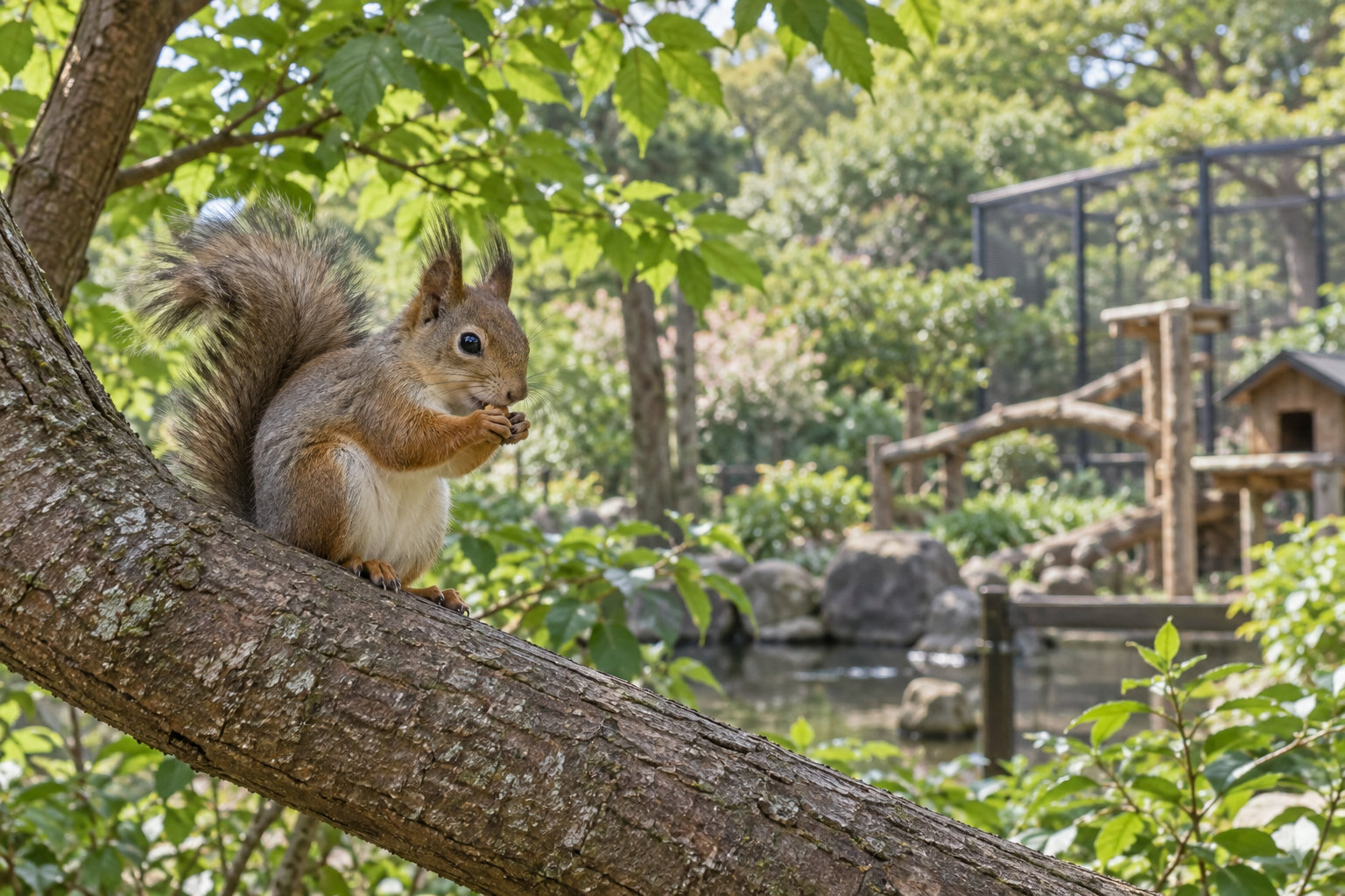 Illustrated squirrel in a leafy zoo setting