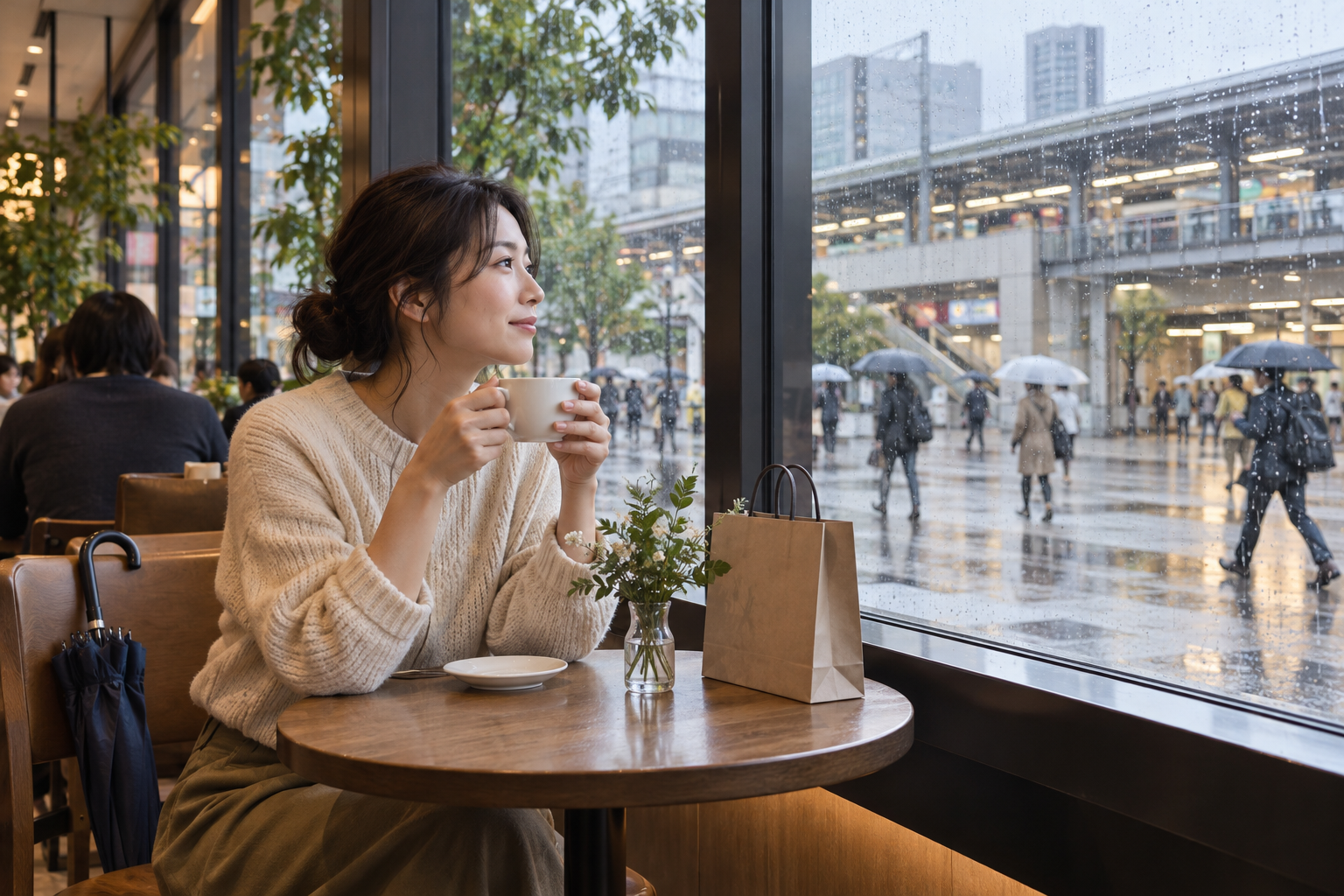 Concept of a rainy-day cafe pause