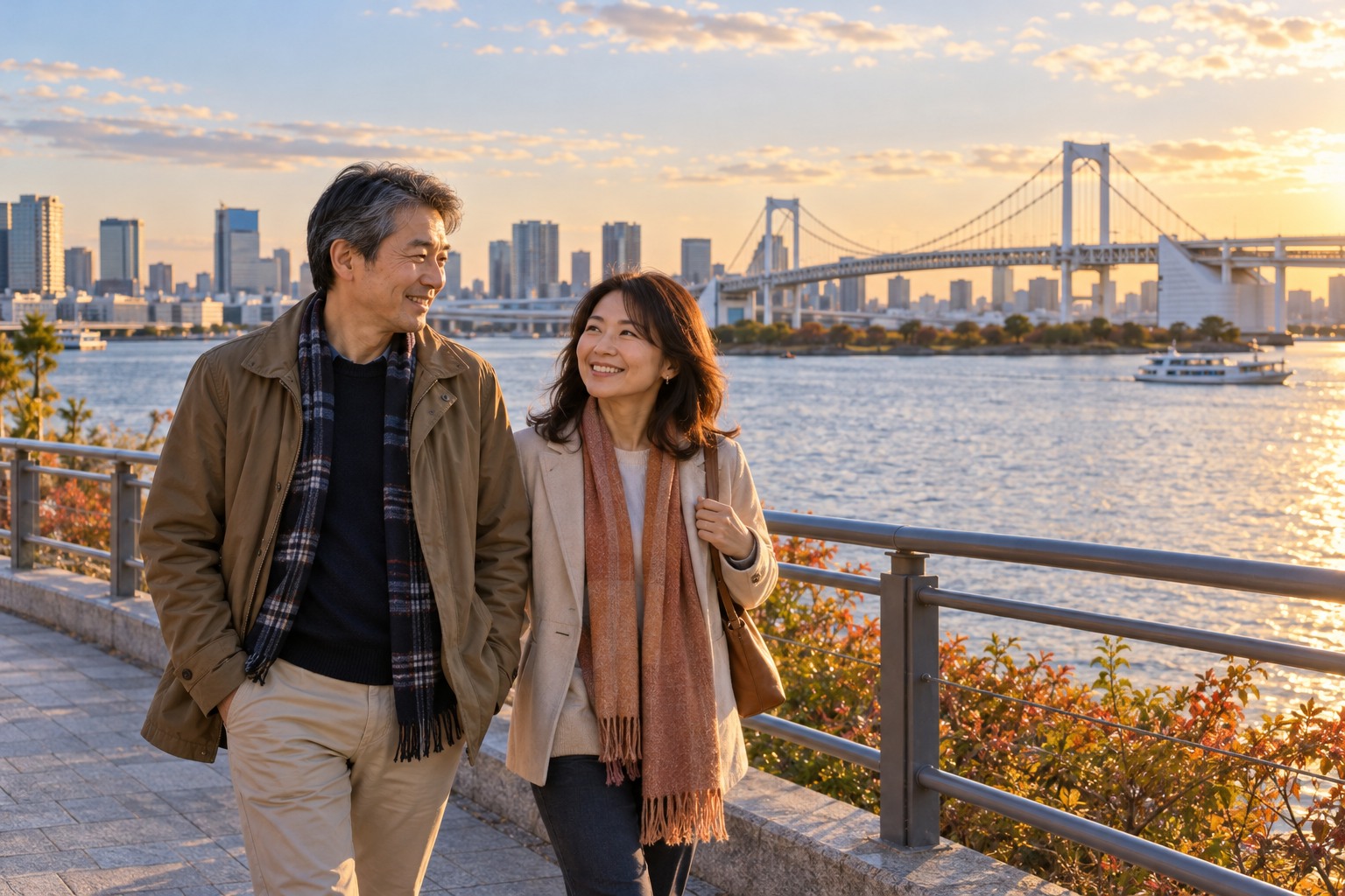 A natural candid scene of two middle-aged East Asian foreign visitors, a couple of the same racial background, strolling on a clean Odaiba Tokyo Bay promenade