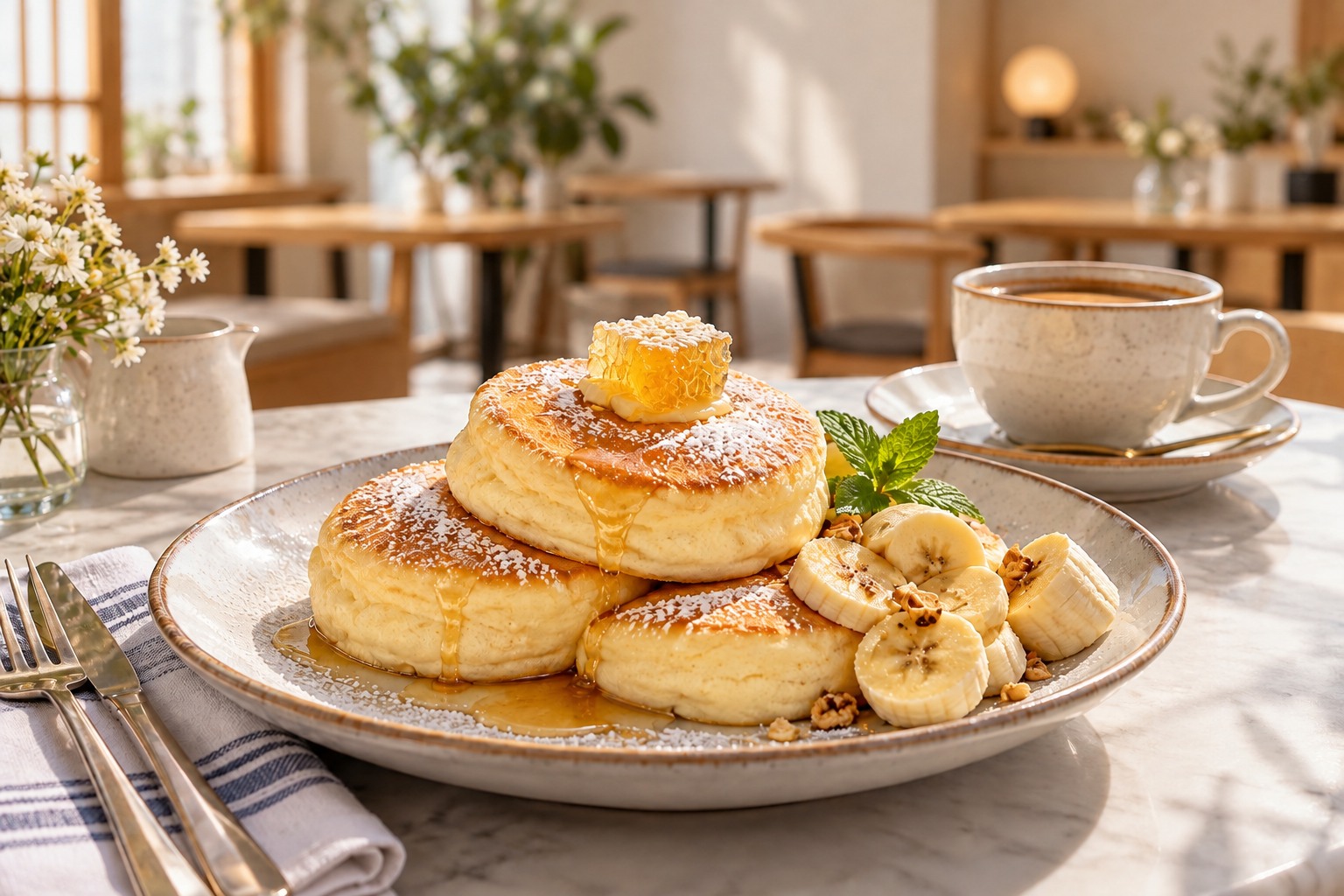 Hotcakes with banana and coffee on an indoor cafe table