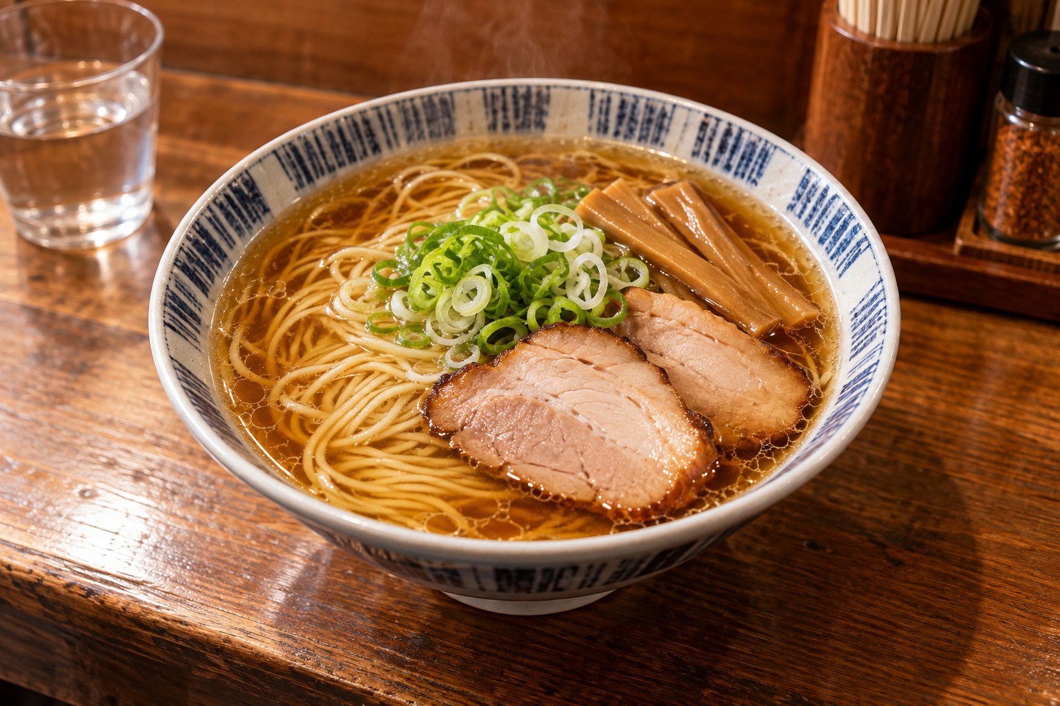 A conceptual bowl of clear golden-brown chicken soy-sauce ramen, thin straight noodles, sliced pork, bamboo shoots and green onion, at a simple Japanese ramen counter