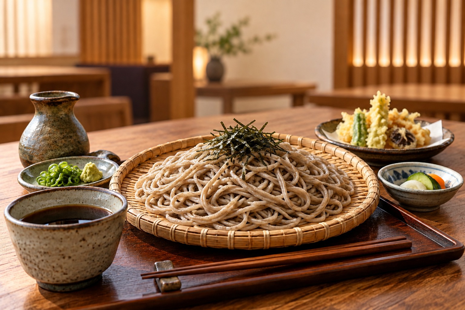 Cold soba on a bamboo tray with dipping sauce and side dishes