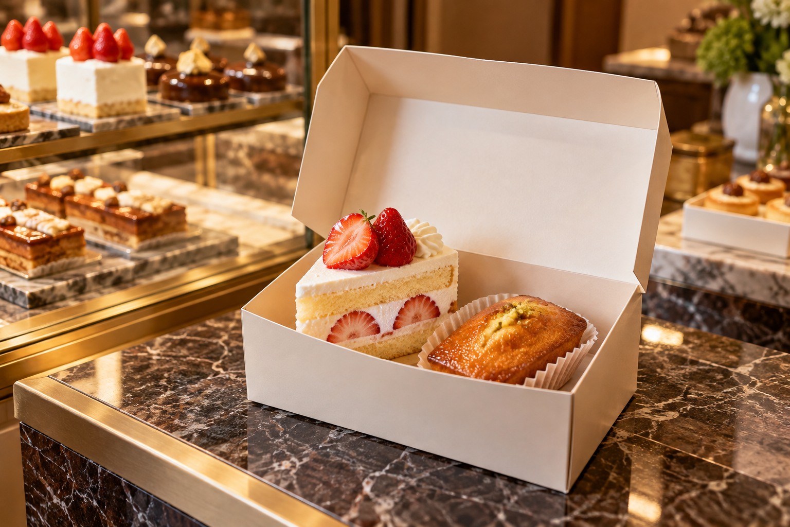 A small elegant unbranded takeaway box open to show a strawberry cream shortcake slice and a modest baked pastry, on a hotel pastry sales counter