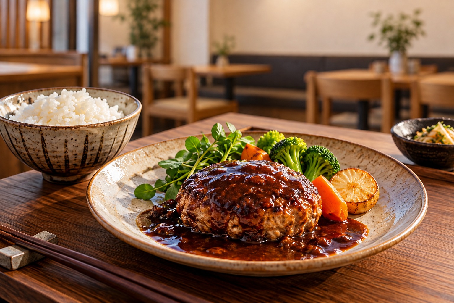 Hamburger steak with vegetables and a bowl of rice on a restaurant table