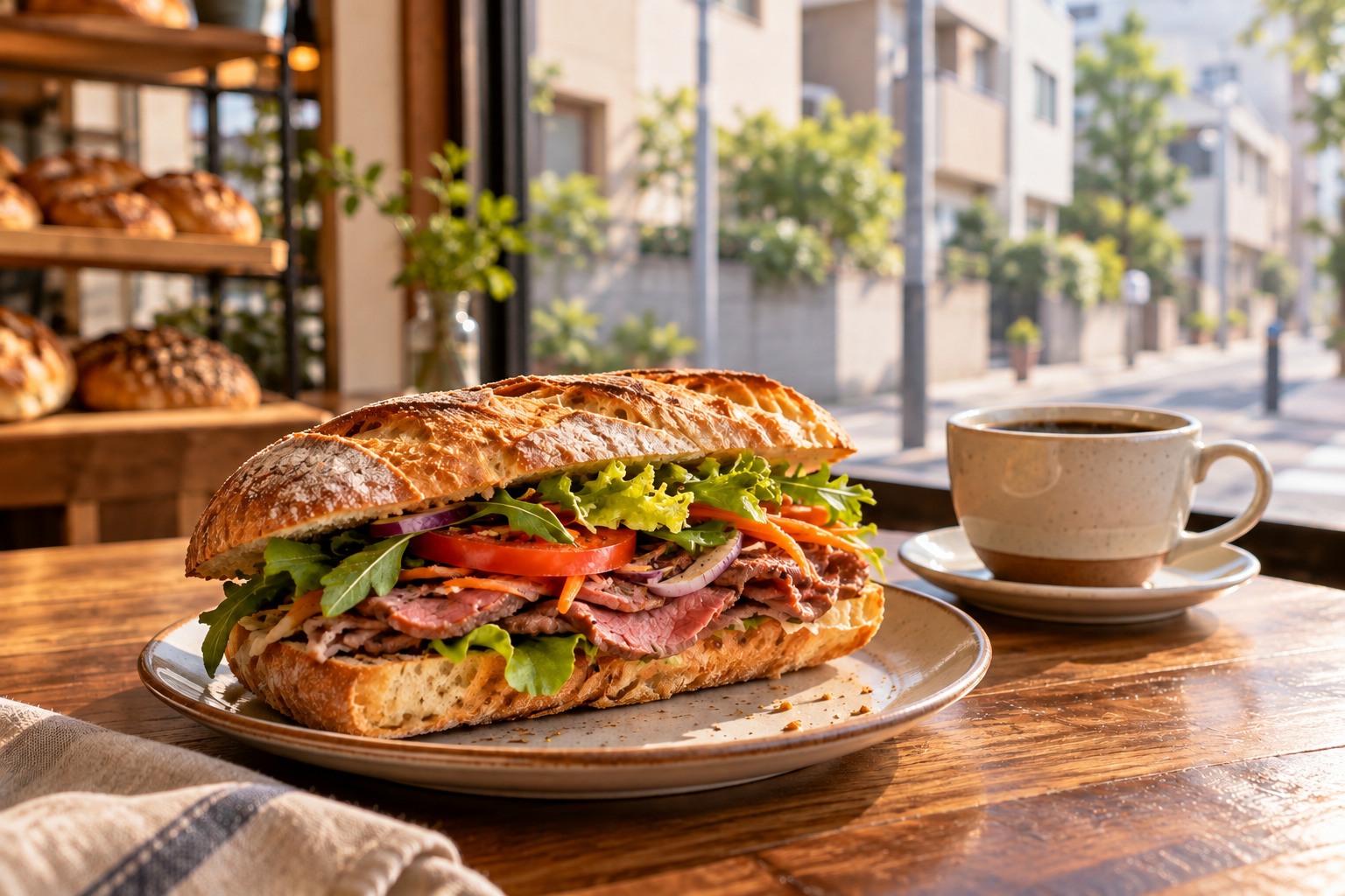 Sandwich and coffee inside a neighborhood bakery with a street outside