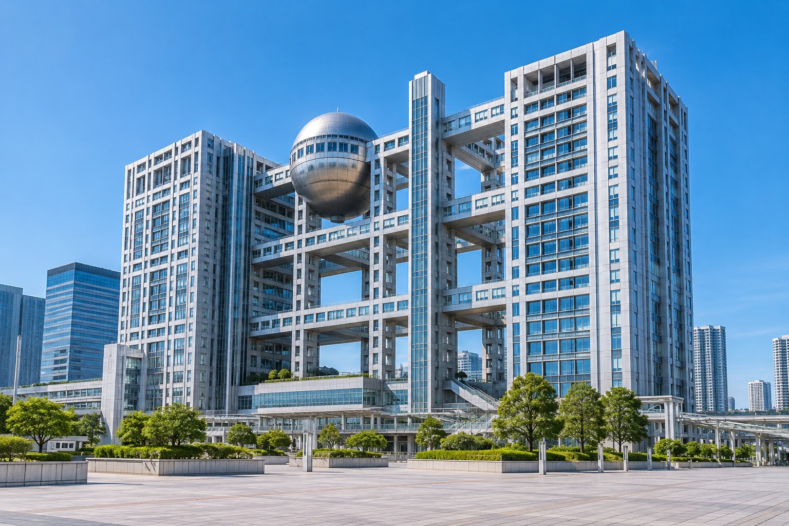 An architectural travel illustration inspired by Fuji Television's Odaiba headquarters: a silver open rectangular modern building with structural grid and one large suspended silver sphere high within the structure