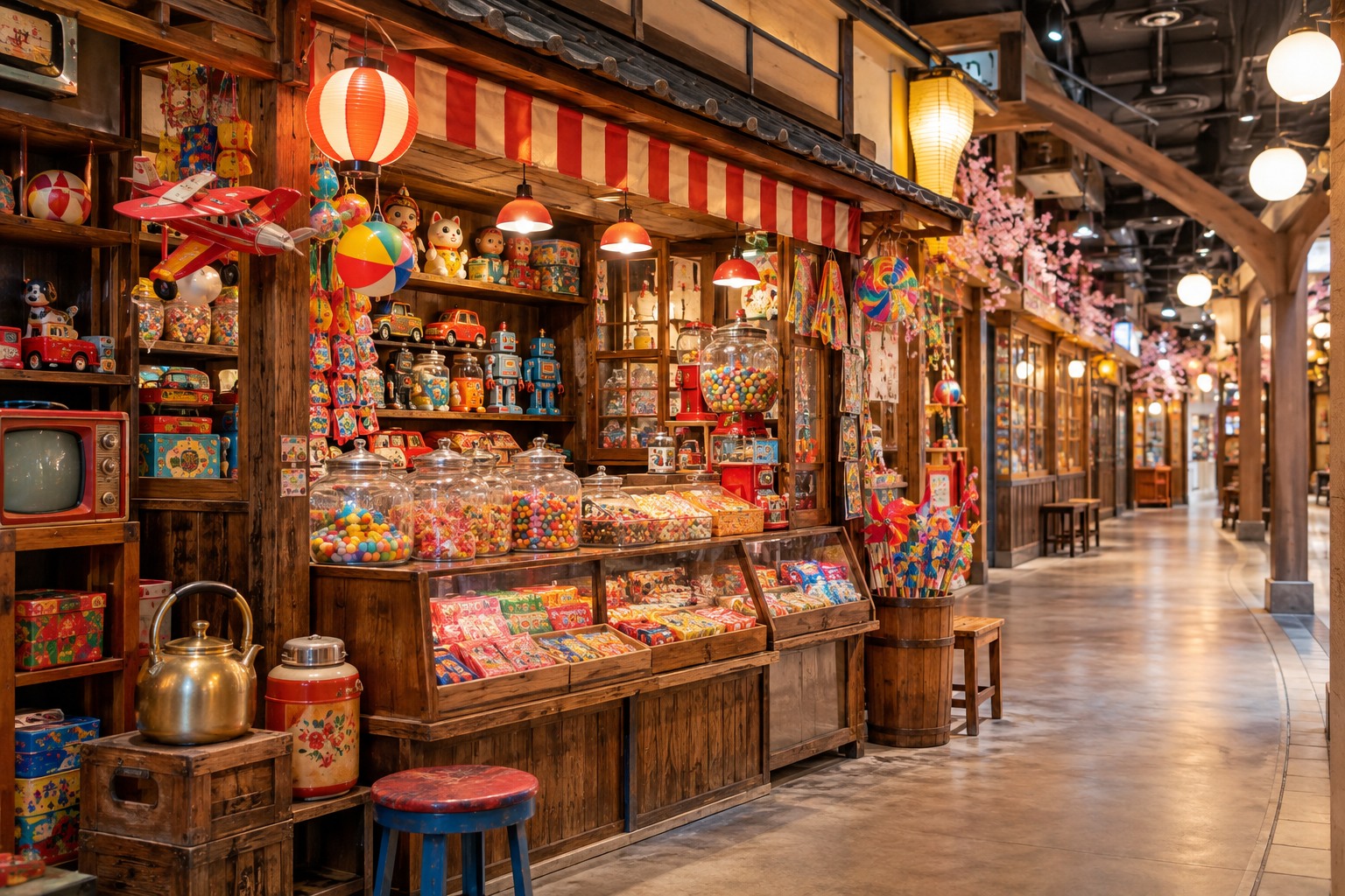 A close architectural interior view of a playful Showa-inspired Tokyo shopping arcade inside a modern shopping mall: small vintage candy shop counter, retro toys and colorful old-style household objects, visible ceiling and modern safe corridor