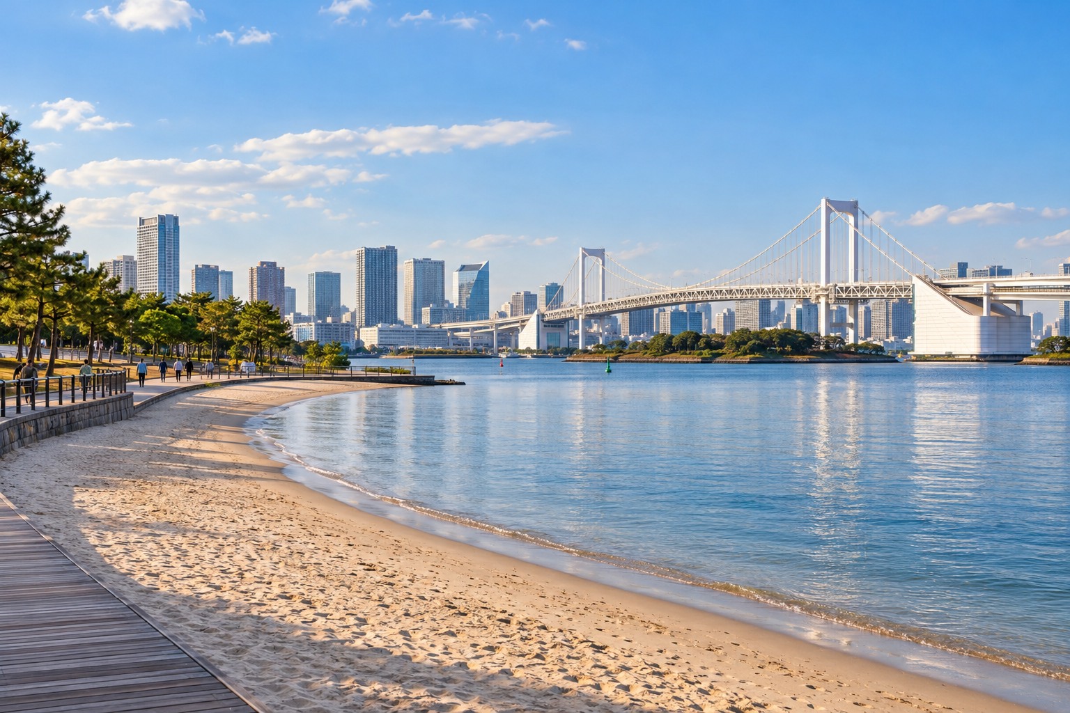 A wide human-eye-level conceptual view of Odaiba Marine Park, a curved urban sandy beach, calm Tokyo Bay, walking promenade and distant white suspension bridge