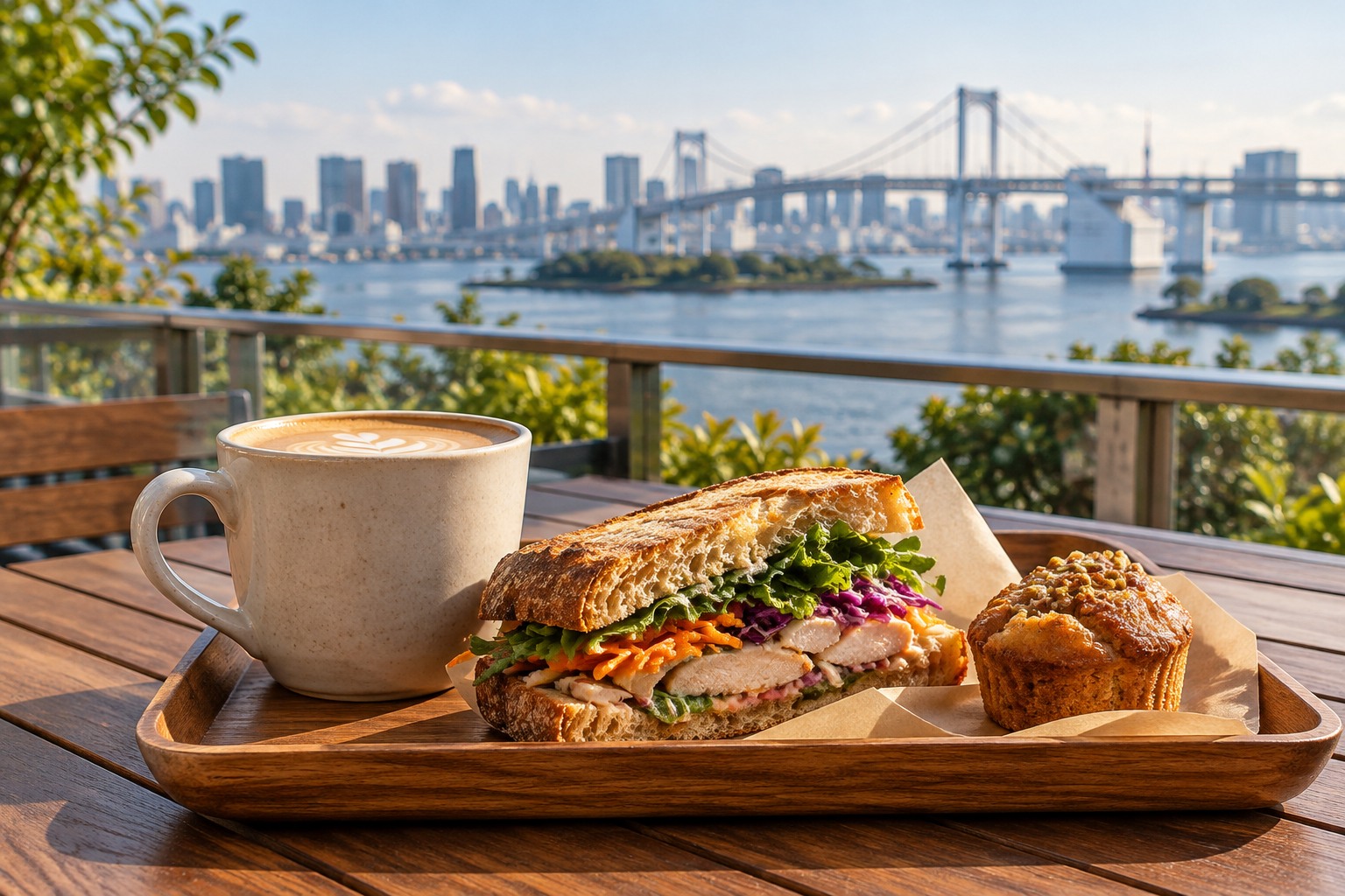 Close view of a visitor's unbranded cafe tray with coffee, a handmade sandwich and a small pastry on a terrace table, Tokyo Bay softly blurred far behind