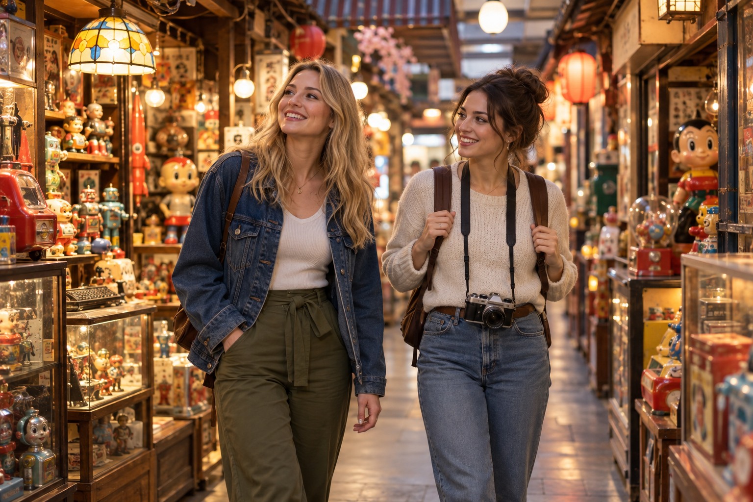 Two adult white European female friends of the same racial background exploring a small indoor Showa-retro shopping passage in Tokyo, tasteful vintage toys and old-style shop displays, commercial indoor ceiling visible, no readable signs