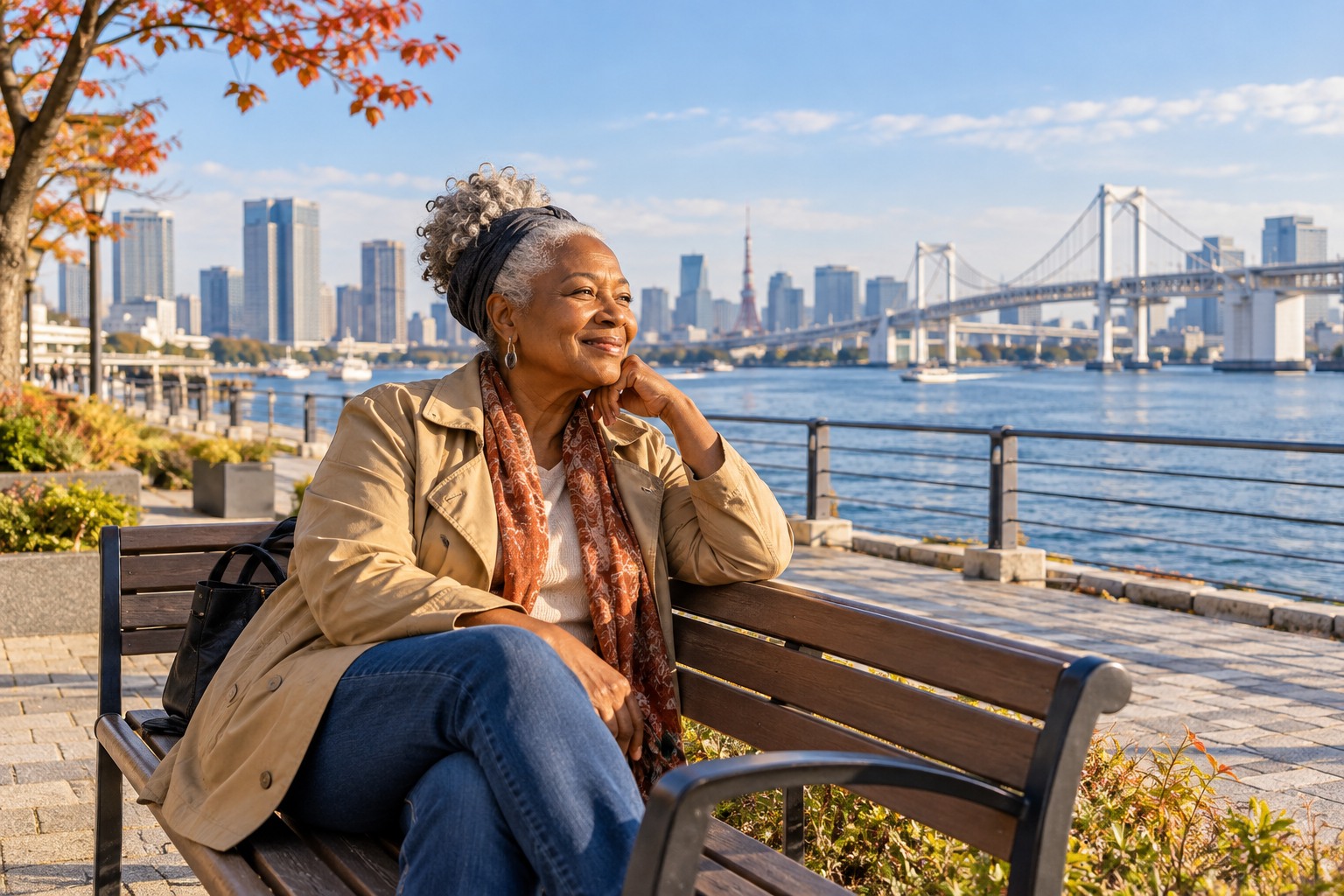 A senior Black woman traveling solo, seated on a bench beside an urban Tokyo Bay promenade, enjoying the calm water and an open view