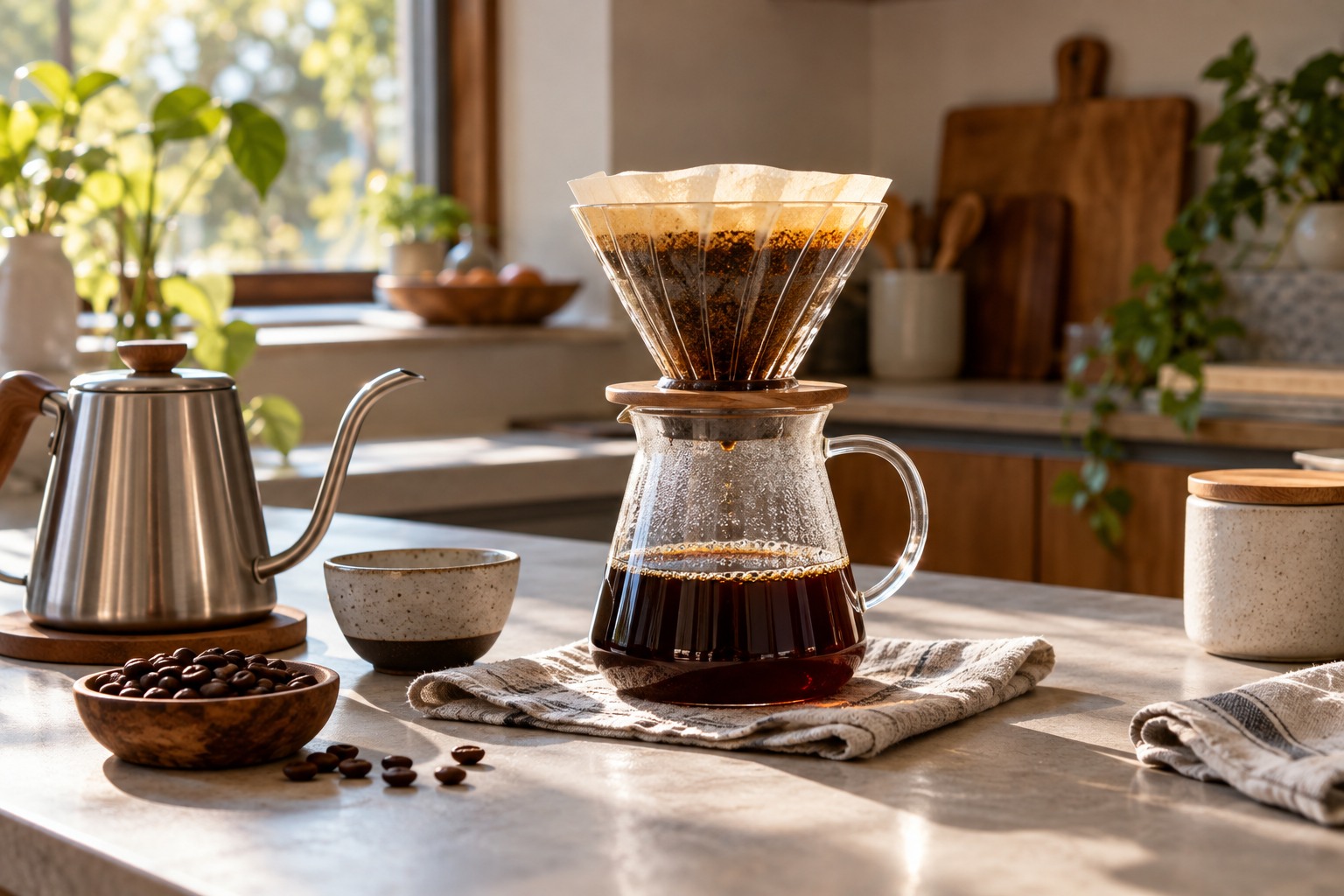 Pour-over coffee tools and a brewed cup