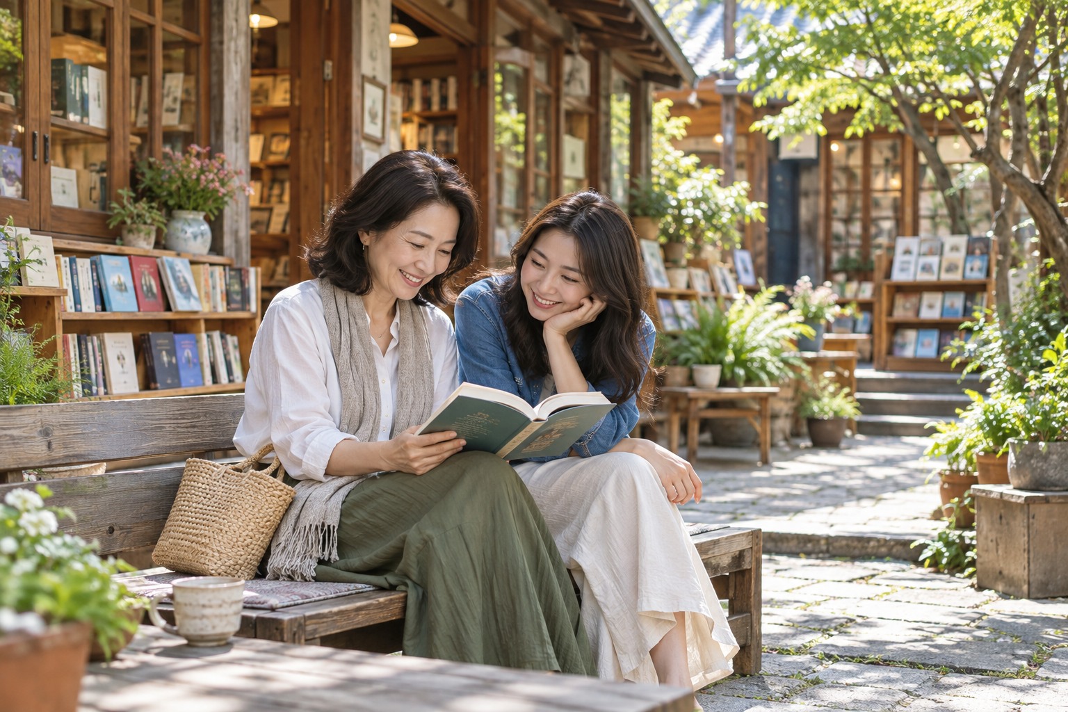 Visitors browsing books by a courtyard