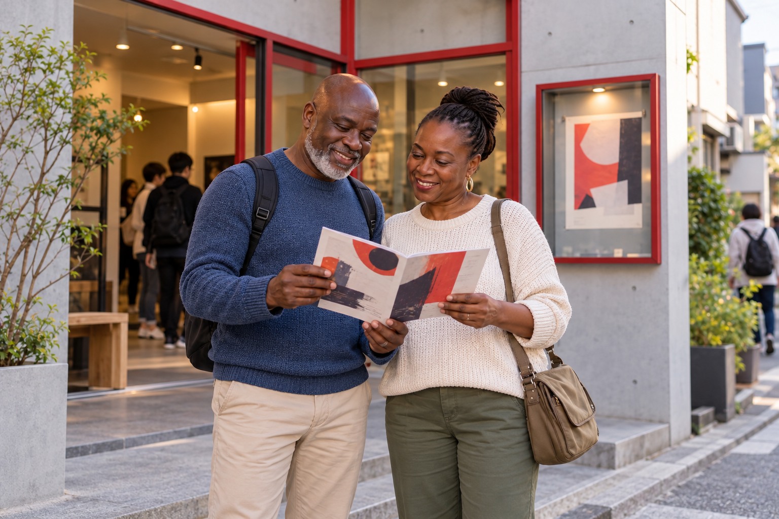 Visitors outside a small theater