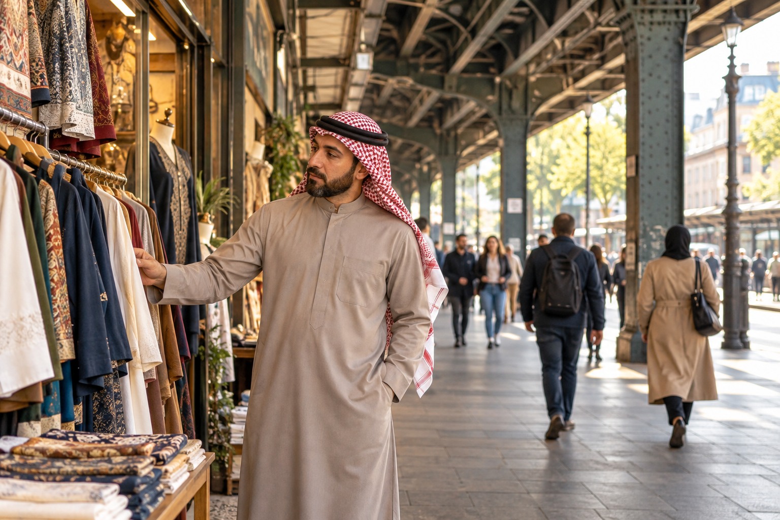 Traveler in a railway-side shopping passage