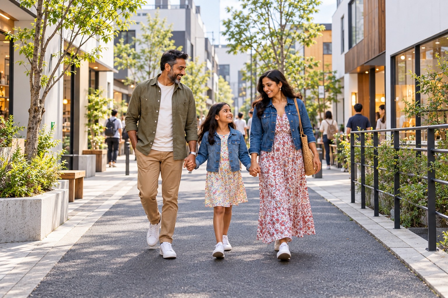 Family exploring a low-rise courtyard
